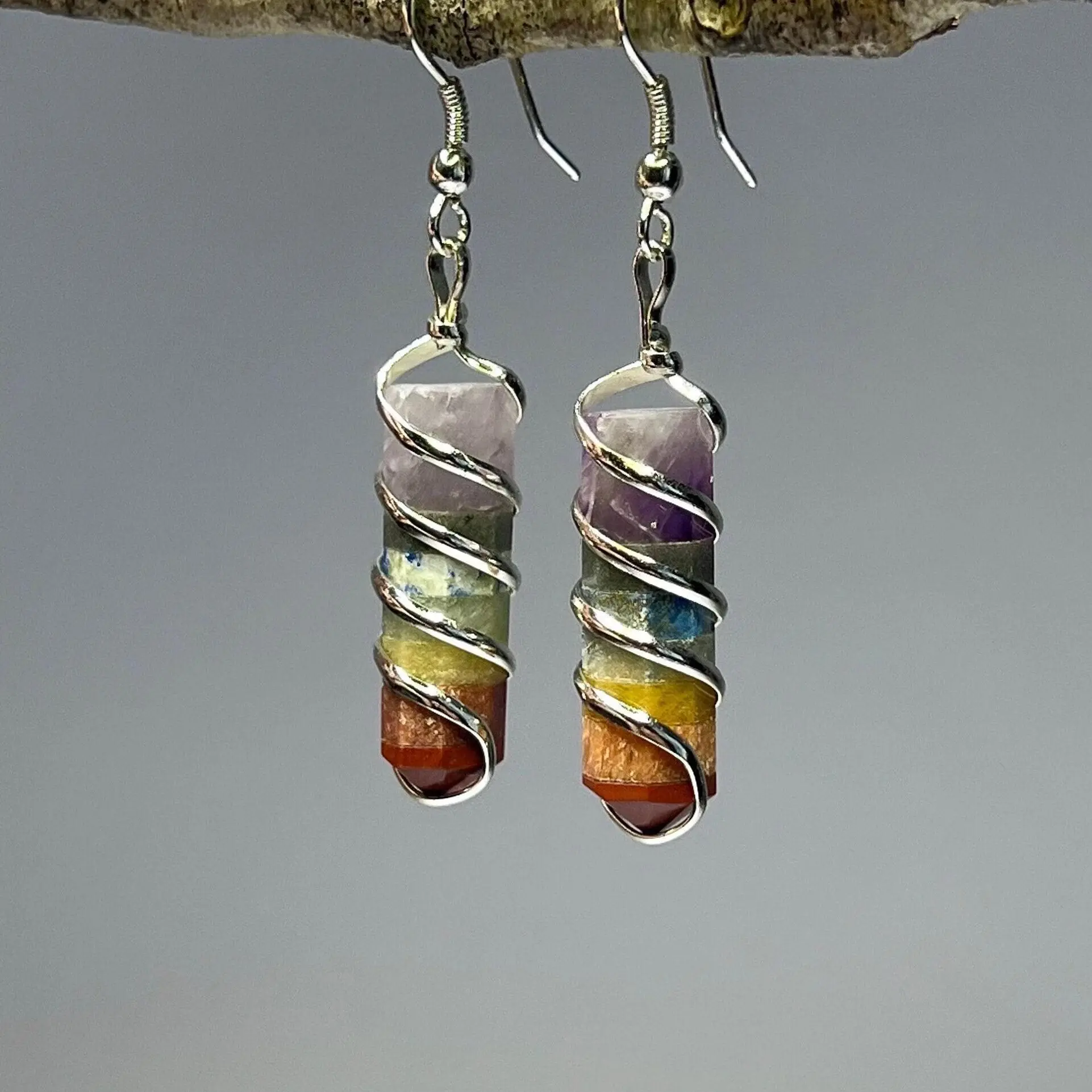 Rainbow Chakra Crystal Earrings: Wire Wrapped Gemstone Dangle Earrings