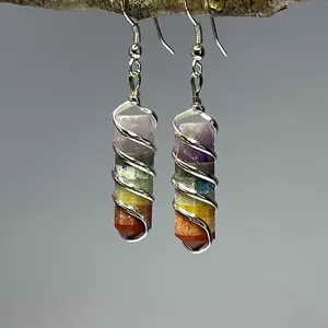 Rainbow Chakra Crystal Earrings: Wire Wrapped Gemstone Dangle Earrings