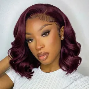 UNice Glueless Black Cherry Body Wave Bob Wigs with Curtain Bangs Pre Cut 7x5 HD Lace Closure Human Hair Wigs Invisible Knots Beginners Friendly