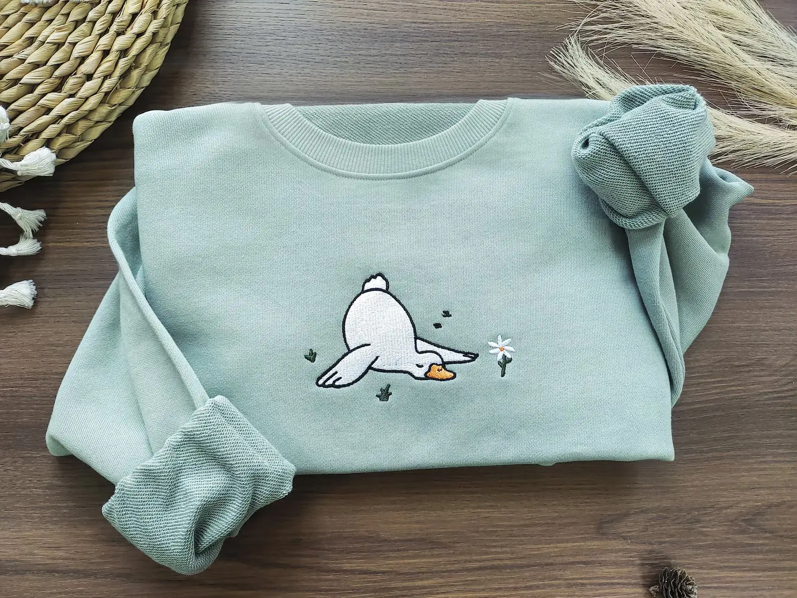 Duck & Daisy Embroidered Sweatshirt, Floral Bird Crewneck, Cottagecore Wildflower Apparel, Nature Lover Gift