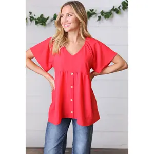 Cherry Red Babydoll Button Down Raglan Woven Top