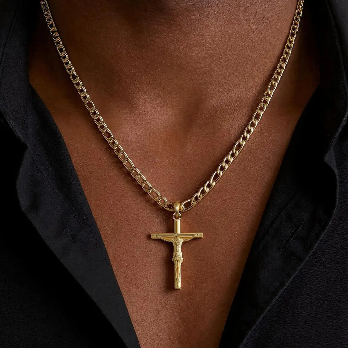 14K Gold Plated Stainless Steel Cross Necklace for Men, Classic Embossed Cross Pendant Figaro Chain Necklace, Faith Inspirational Jewelry Gift for Him