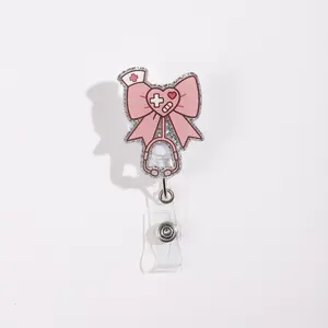 Nurse Badge Reel, Glitter Bow Design with Heart Shapes, Cross, Pill, Stethoscope, Nurse Hat Elements, Medical Theme ID Holder