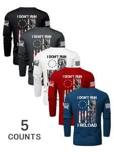 Men's 5-Piece Set Round Neck Flag Gun Print Long Sleeve T-Shirts, Casual Fitted Breathable Fabric, Ideal for Spring & Fall Outdoor Sports
