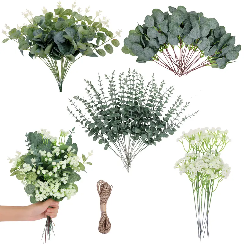 Faux Eucalyptus Stems 100 Pcs 4 Kinds Mixed Faux Greenery - Silver Dollar Decorative Plants for DIY Bouquet Centerpieces - Fruit