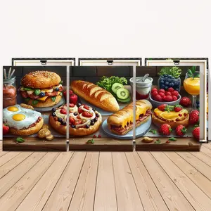 3 Counts Wooden Framed Canvas, Delicious Bread And Fruit Breakfast Images, Exquisite Poster, Perfect Living Room Decoration, Modern Art, Fashion Family Poster, Wall Art Decoration, Waterproof Art