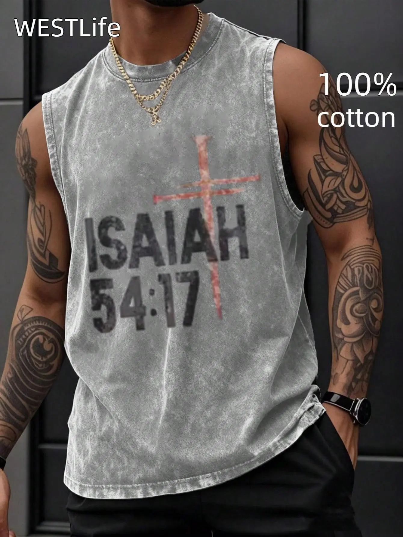 Men's 210g Pure Cotton Isaiah 54:17 Cross Print Vintage Washed Vest - Menswear Tank Top, Ribbed Layer, Loose-Fit Casual Street Hip Hop Going-Out Essential
