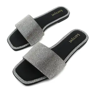 Women's Flat Sandals-Glitter Shiny Slide Sandals Sparkle Fancy Flat Slippers Slip-on Jeweled Shoes NZXY