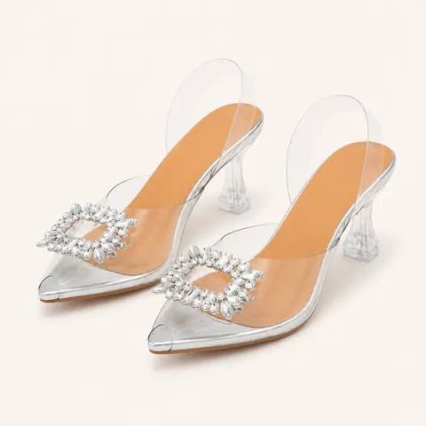 Geeyea Women's  Clear Rhinestone Mule Heels, Pointed Toe Slip-On High Heel Sandals with Transparent PVC Upper, Crystal Ornament & PVC Sole, Elegant Party, Wedding, Date Night & Spring Summer Shoes