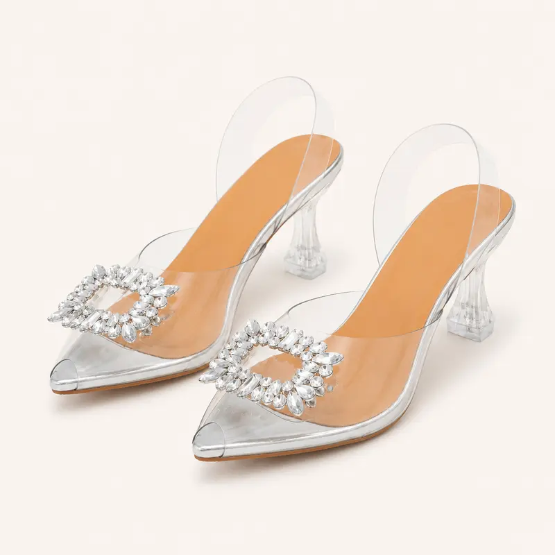 Geeyea Women's  Clear Rhinestone Mule Heels, Pointed Toe Slip-On High Heel Sandals with Transparent PVC Upper, Crystal Ornament & PVC Sole, Elegant Party, Wedding, Date Night & Spring Summer Shoes