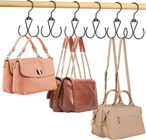 6 Pack Purse Hanger Bag Organizer for Closet, Heavy Duty Rotatable Purse Holder with 12 Storage Capacity, Bag Storage Rack for Purses Bags Backpacks, Black