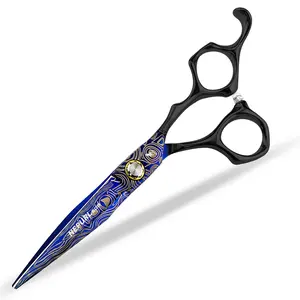6.0 Inch Damascus Bearing High-End Haircutting Scissors, 440C Stainless Steel, Fine-Tooth, Right-Handed, Hand-Finished, Home & Salon Use
