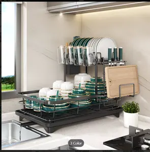 ouble Tier Large Metal And Carbon Steel Cutlery Rack for Kitchen Countertop, Space Saving And Durable, with Knife, Fork And Cup Holders And Draining Board, Rustproof Large Two Tier Metal Cutlery Rack, Make The Kitchen More Concise And Organized.
