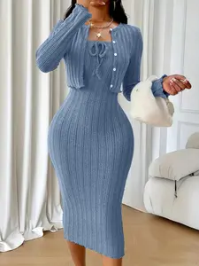 Women's Solid Ribbed Dress & Top Two-piece Set, Casual Fashion Cozy Chic Dress & Top for Daily Outdoor Wear, Ladies Clothes for All Seasons, Summer, Outfit