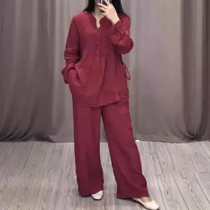Fashionable and Comfortable Cotton and Linen Long-sleeved Half-open Casual Pleated Wide-leg Pants Suit Clothing Elegant Fabric Womenswear