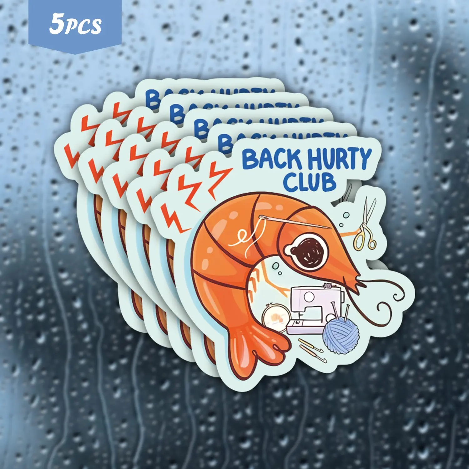 5Pcs "Back Hurty Club" Shrimp Craft Waterproof Vinyl Sticker, Self-Adhesive Decal, Suitable For Water Bottles, Laptops, Cars, Tablets, Ideal For Crafters, Chronic Pain Advocates And Humor Lovers