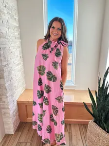 Entro Pink Palm Tie Neck Maxi Dress
