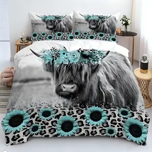 Highland Cow Floral Crown Duvet Cover Set, Boho Leopard Print Bedding Set with Vibrant Turquoise Sunflower Accents, Unique Farmhouse Animal Art Bedding for Master Bedroom Guest Room and Housewarming Gift (1* Quilt Cover + 1/2* Pillowcases, No Filling）
