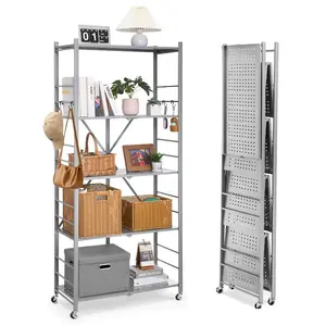 VEVOR 5-Tier Foldable Storage Shelf, 32Wx 14Dx 72H Inch Folding Metal Rack Shelving Unit, No Assembly Organizer Shelf with 5 Wheels 4 Hooks for Pantry, Kitchen, Garage, Basement, Grey