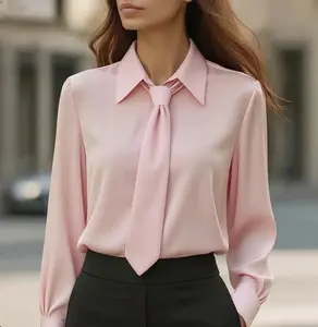 Womens Elegant Satin Work Shirt  Modern Long Sleeve Casual Tops