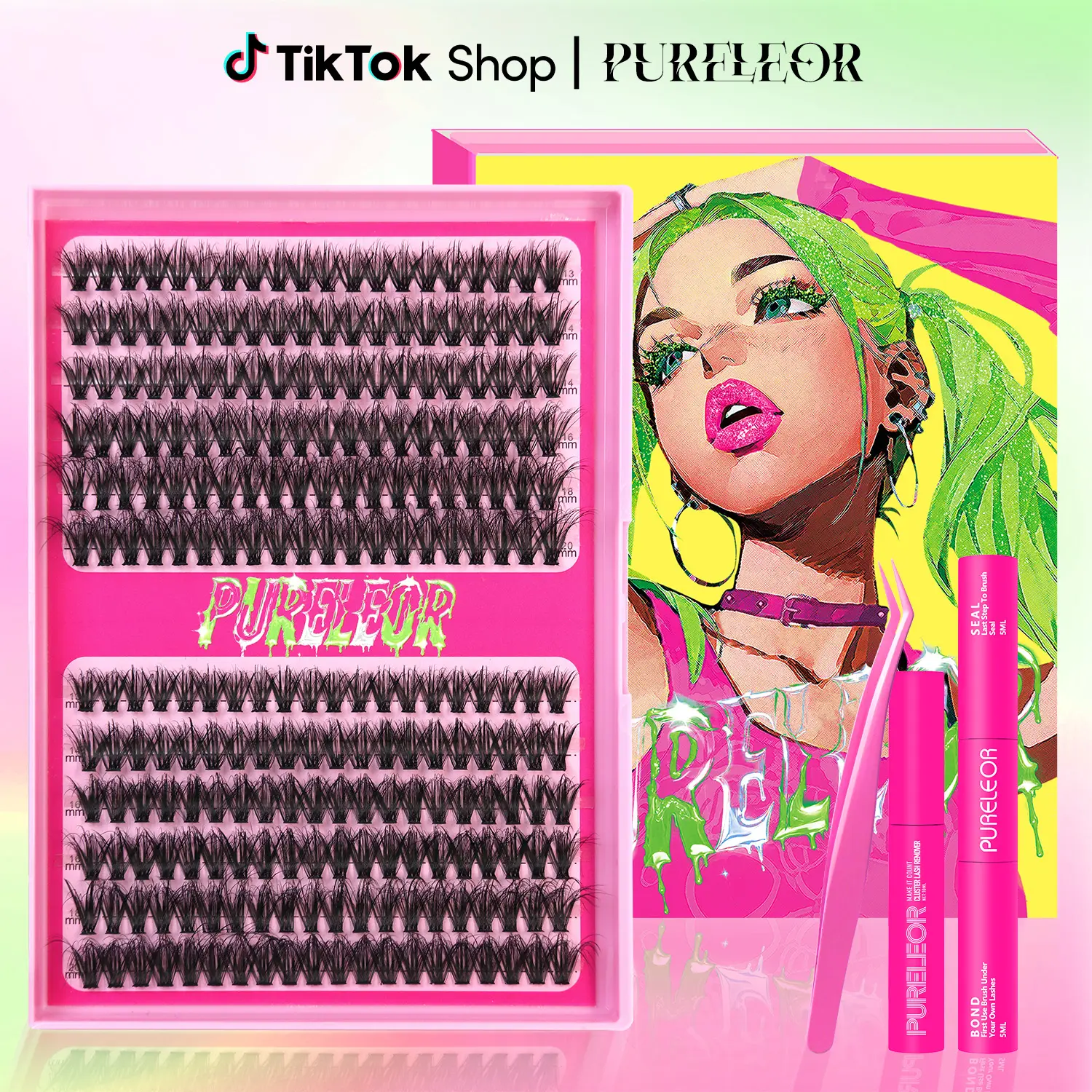 PURELEOR Cluster Eyelash Extensions, Natural Look D-Curl Mixed Styles 13-20mm Polyester Fiber, 240pcs DIY At-Home Kit with/without Glue Remover and Tweezers, Lash Cluster Kit, Natural Wispy Lashes, Diy Eyelashes Clusters