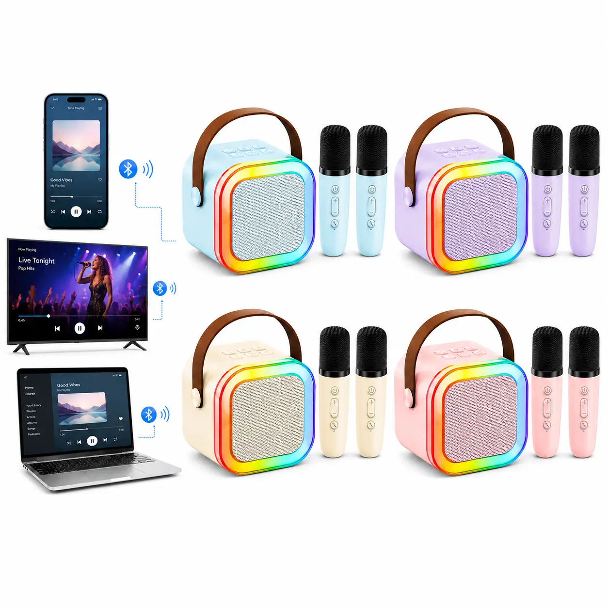 Mini Karaoke Machine for Kids 2025 TOP Toys Birthday Gifts Ideas for Girls Ages 4-12 with 2 Wireless Mics Bluetooth 5.0 Pro Connectivity & 5W Speakers Perfect for Party RGB Rechargeable 1500mAh Battery USB-C Fast Charging, 360° Bass Surround, 5W Stereo So
