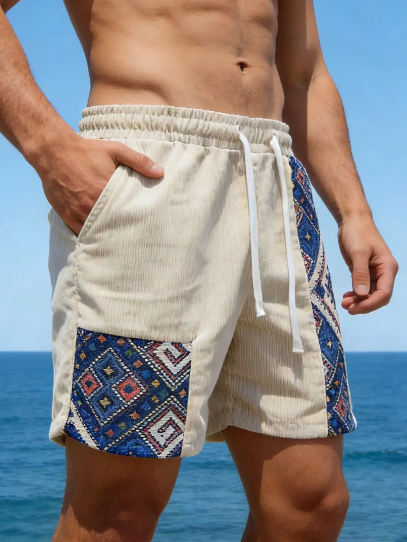 Men's Corduroy Patchwork Design Shorts, Vintage Ethnic Style Drawstring Waist Casual Fashionable Shorts, Summer Streetwear Tropical Beach Vacation Wear Menswear