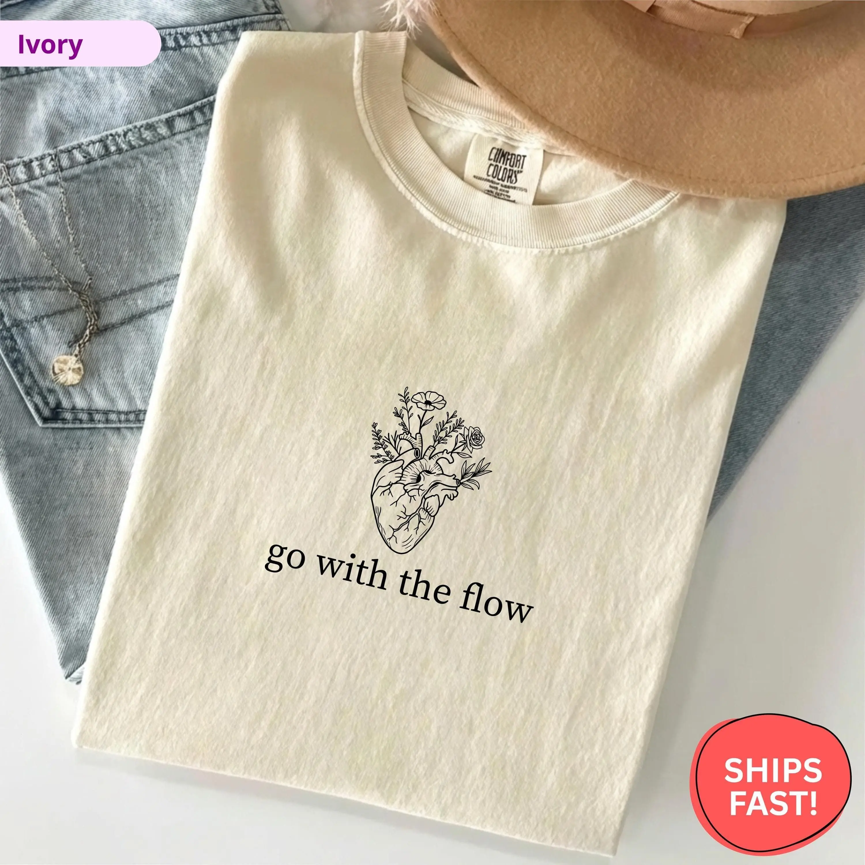 Go With The Flow Shirt, Cardiology Nurse Tee, Floral Anatomical Heart, Cardiac Nurse Gift, Comfort Colors Cath Lab T-Shirt, CVICU Apparel