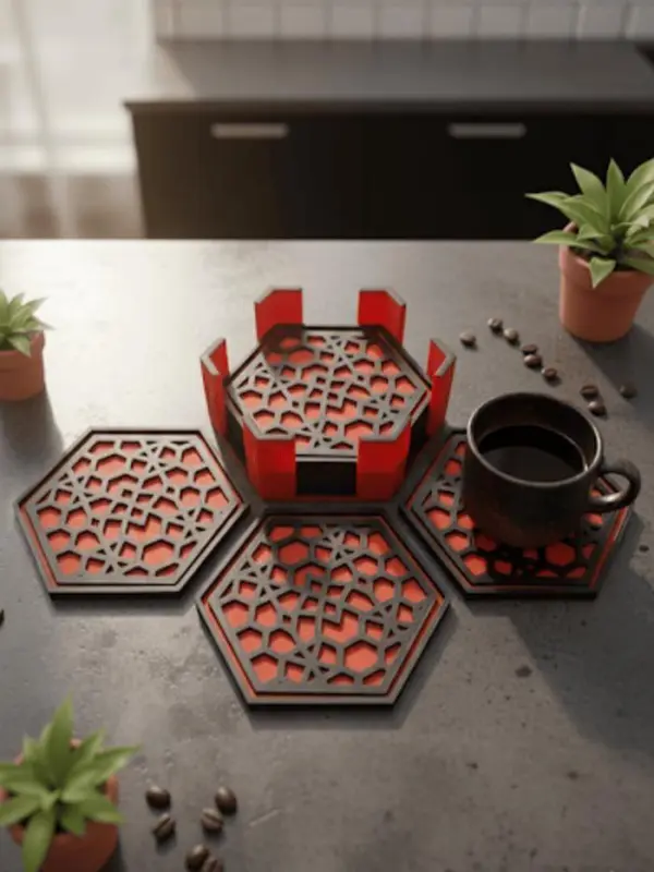3D Printed Kumiko Coaster Set with Holder | Japanese Geometric Pattern Drink Mats | Hexagon Coasters | Housewarming Gift | Table Decor