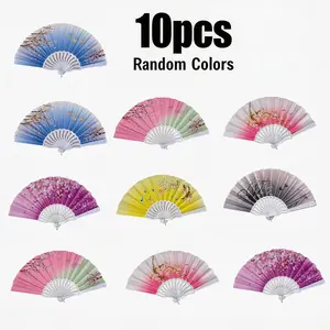 10 Pcs Printed Plastic Fan Set, Dance Folding Fans, Floral Party Fans, Performance Props, Photography Accessories, Event Decorations