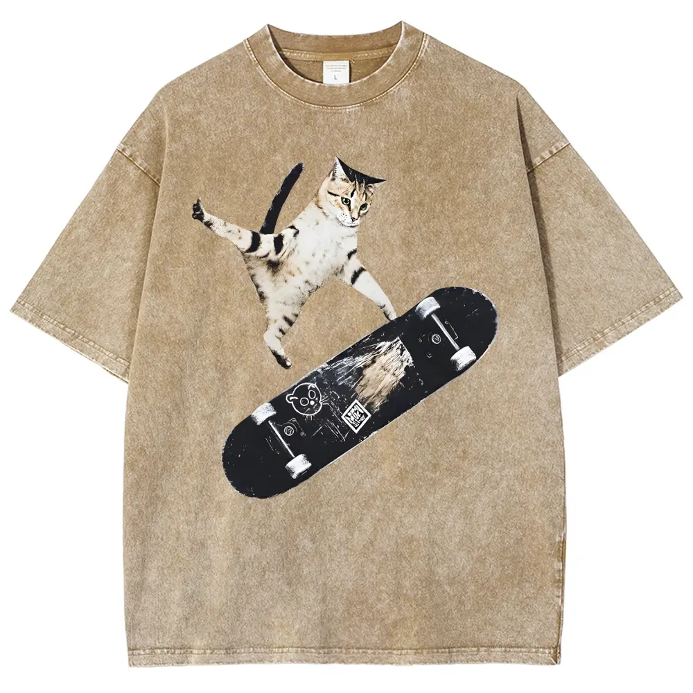 Funny Skateboard Cat Vintage Washed Tee 90s Men's Graphic Tee t Shirts Funny Graphic Tee Good Graphic Tees Graphic Tees Streetwear Outfits Men Vacation Outfits Oversized Tshirt Men