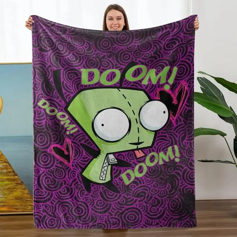 Invader Zim Gir Doom Flannel Cooling Blanket Cartoon Scene Illustrated Character Whimsical Design Home Bedding Throw for Bedroom Sofa Perfect Gift for Anime Fans