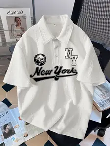 Men's Regular Fit New York Print Polo Shirt, Casual Short Sleeve Collared Top for Summer, Fashion Men's Clothes for Daily Wear, Gamis, Knitted Shirt