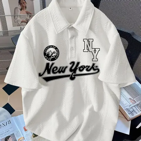 Men's Regular Fit New York Print Polo Shirt, Casual Short Sleeve Collared Top for Summer, Fashion Men's Clothes for Daily Wear, Printed Shirts, Gamis, Knitted Shirt, Fitted