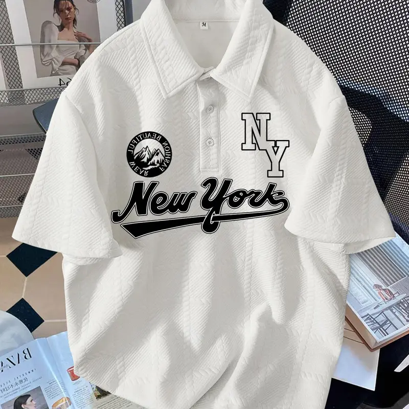 Men's Regular Fit New York Print Polo Shirt, Casual Short Sleeve Collared Top for Summer, Fashion Men's Clothes for Daily Wear, Printed Shirts, Gamis, Knitted Shirt, Fitted