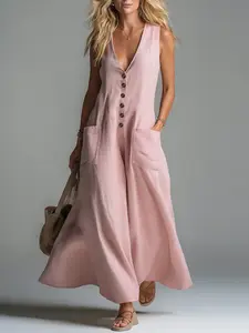 2026 Spring Summer New Cross-Border Patch Pocket Deep V-Neck Solid Color Casual Beach Dress, Trendy Women's Fashion