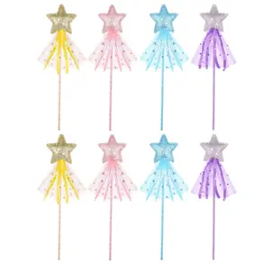8 Pcs Glitter Star Magic Wand Princess Wand Fairy Angel Star Stick with Ribbon for Girl Birthday Wedding Princess Dress up Role Play Party Supply Favor, Pink Purple Gold Blue Magical Masks