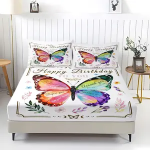 Happy Birthday Butterfly Sheets Set 3 pcs, 1 Fitted Sheet + 2 Pillowcases, Soft Microfiber Butterfly Bed Sheets With Deep Pocket 12"/30cm