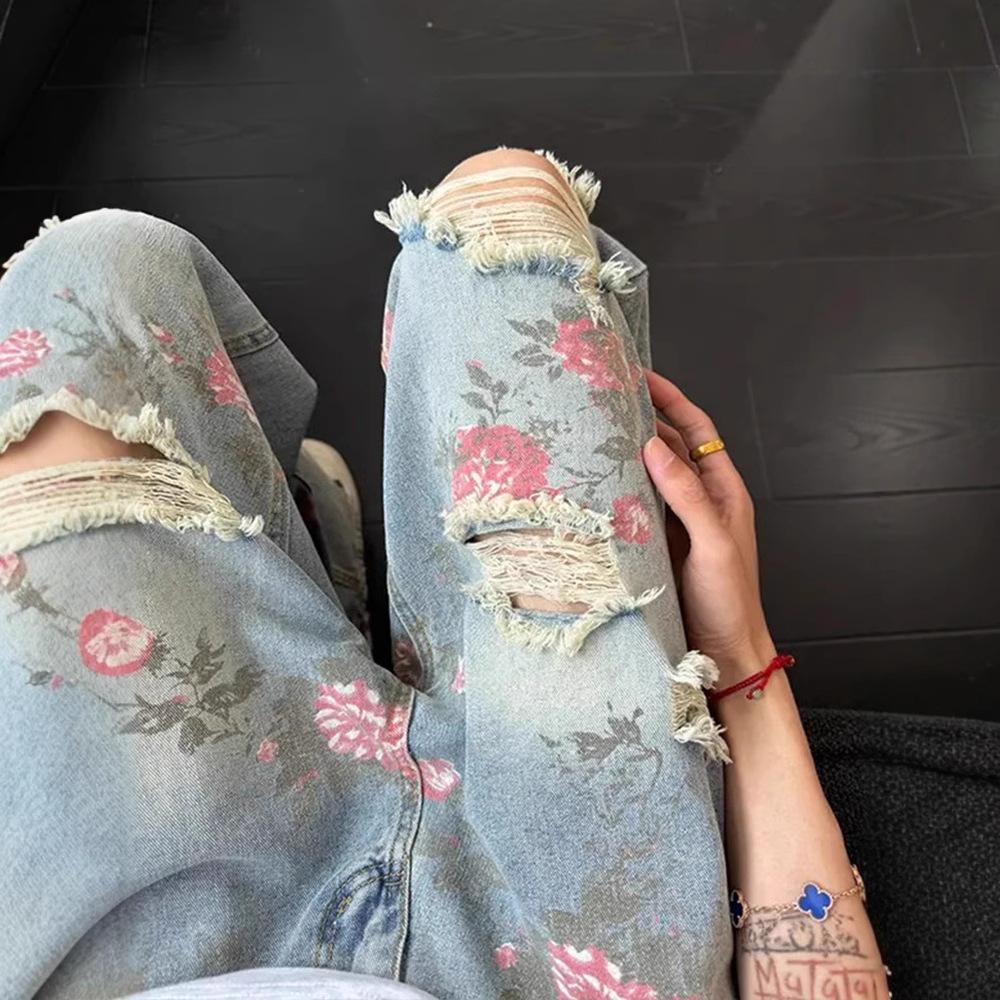 Vintage Cute High Waisted Straight Leg Jeans Casual Y2K Flower Printed Fringe Ripped Streetwear Denim Pants