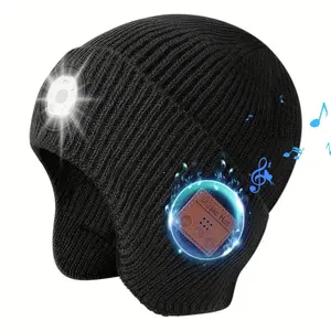 Wireless Beanie Hat with LED Light, Wireless Musical Knitted Cap, Stereo Headphone, Ideal for Running, Hiking, Jogging