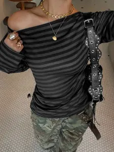 Women's Casual Striped Asymmetrical Shoulder Long Sleeve Slim Fit T-Shirt, Spring & Fall Layered Top, Fashion Versatile, Womenswear