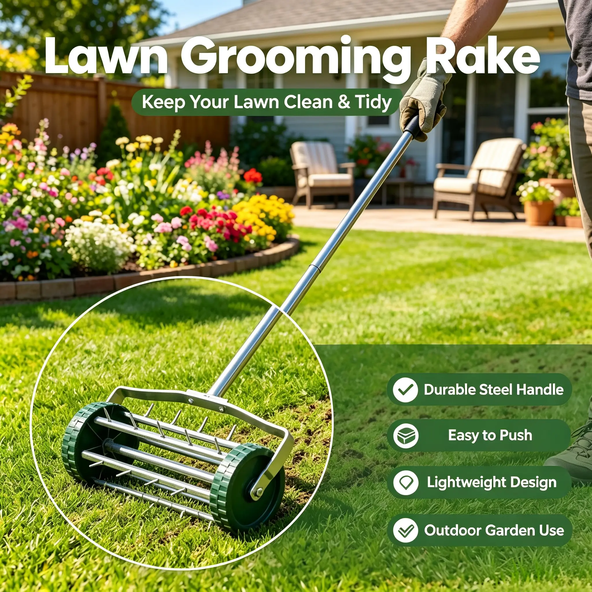 Galvanized Steel Rolling Lawn Aerator Roller, Heavy-Duty Manual Spike Aerator with 3-Piece 57-Inch Long Handle, Soil Loosening Garden Tool for Soil Aeration on Most Lawns