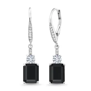 4-7 Cttw Dangle Earrings for Women | Gemstone Birthstone and White Moissanite | 925 Sterling Silver | Emerald Cut 9X7MM | Elegant Drop Design | Gift for Her Wife Mom