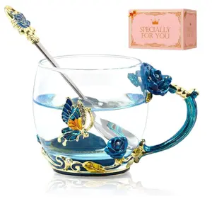 Memorial Day Vintage Sky Blue Butterfly Floral Tea Cup – Exquisite Lead-Free Glass Mug with Matching Spoon – A Magical Birthday or Happy Birthday MOM Surprise for Her