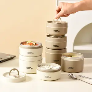 1Pc Insulated Bento Box, Portable Stainless Steel Food Container Round Microwave Safe Leakproof Thermal Food Container for Men Women, Insulated Lunchbox Cooler, Thermal Lunch Boxes