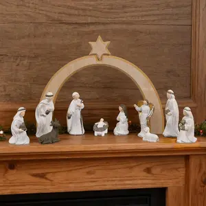 11 Pcs Christmas Scene Nativity Set, Holy Family Scene with Wooden Arched Stable and Resin Figurines Including Baby Jesus, Mary, Joseph and More, Religious Collections for Home Tabletop Decor