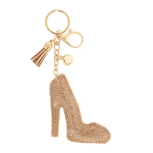 High Heels Rhinestone Tassel Keychain - Pink Glitter Shoe Charm with Gold Tone Hardware