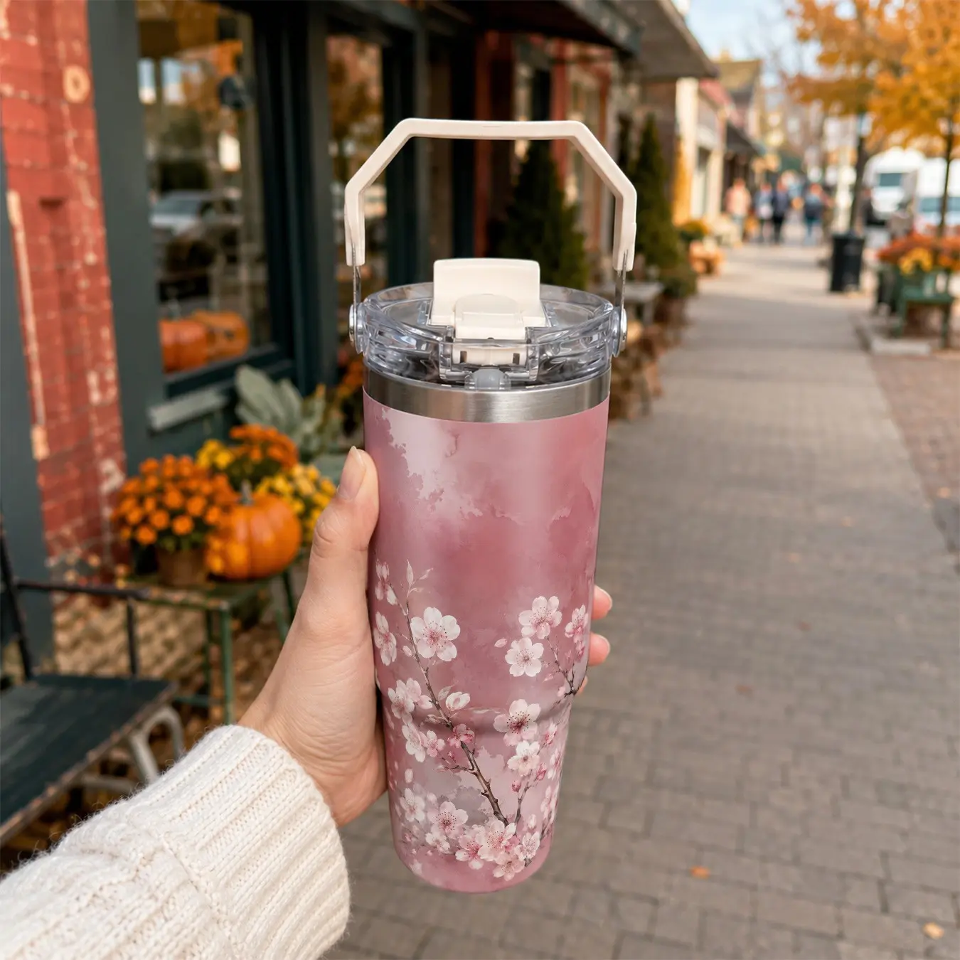 30oz Cherry Blossom Stainless Steel Travel Mug, Dual Layer Insulated, Leak-Proof, Reusable, Ideal for Coffee & More, Insulated Travel Cup, Insulated Drinkware