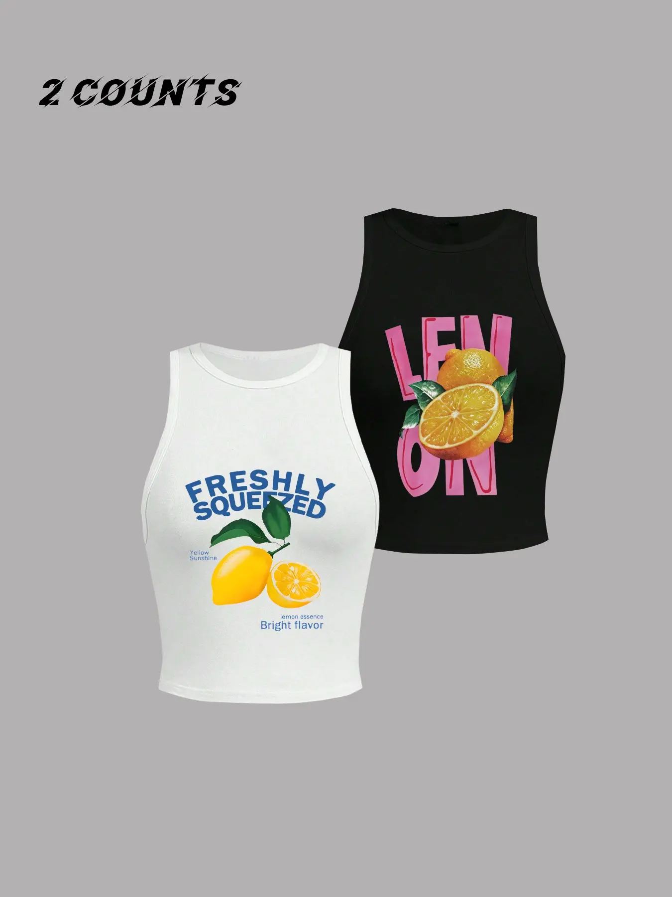 Y2K Summer Sleeveless Letter Print Round Neck Short Slim Fit Women Tank Top, Casual Beach Tank, Lemon Fruit Pattern, Casual Vacation Wear, All-Season Fashion