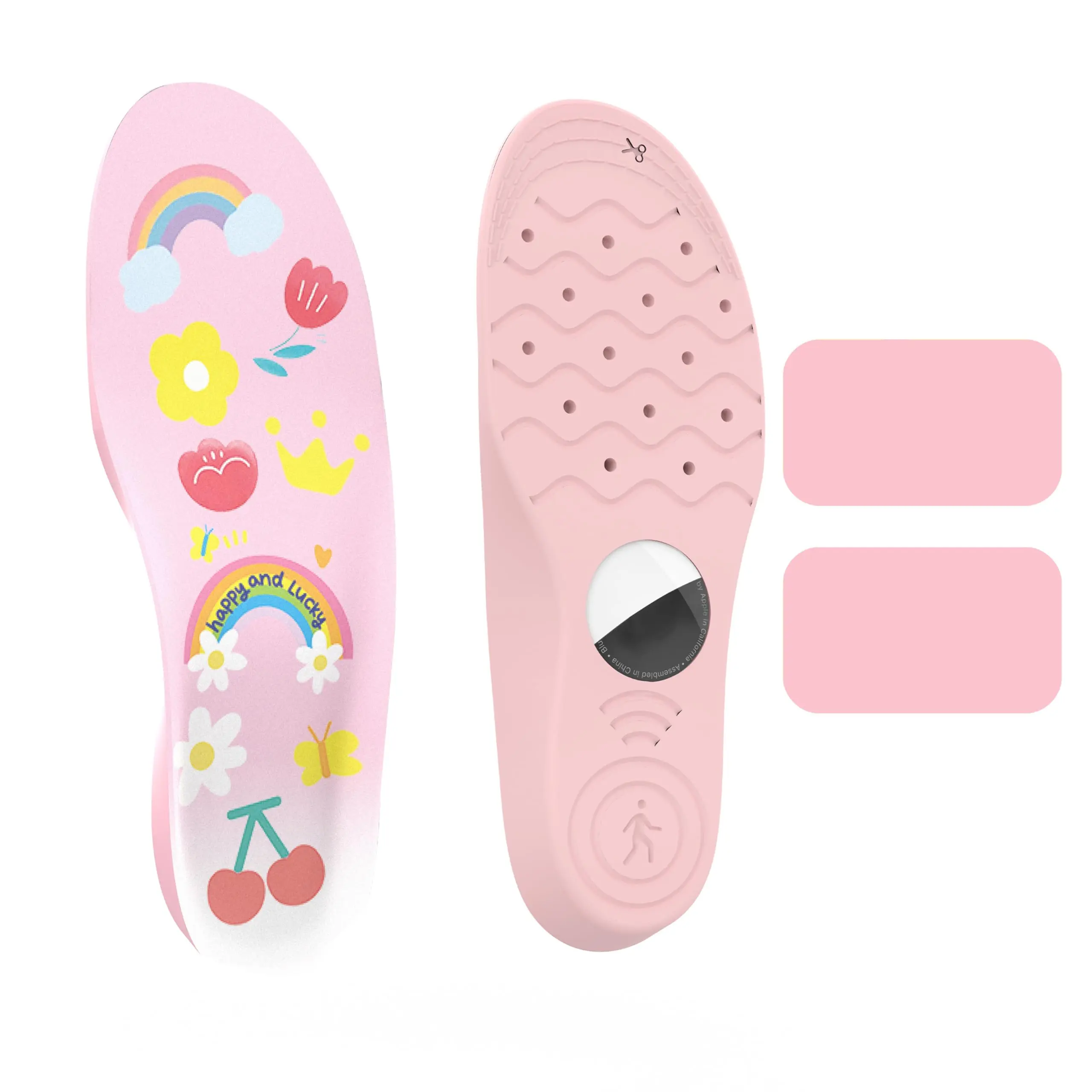 Airtag Hidden Holder Tracker Case Footwear Insoles - Shock Absorption Comfy Shoe Inserts for Kids, Pink Rainbow Design, Parent, Arch, Plastic, Hidden Compartment, Synthetic, Custom Fit